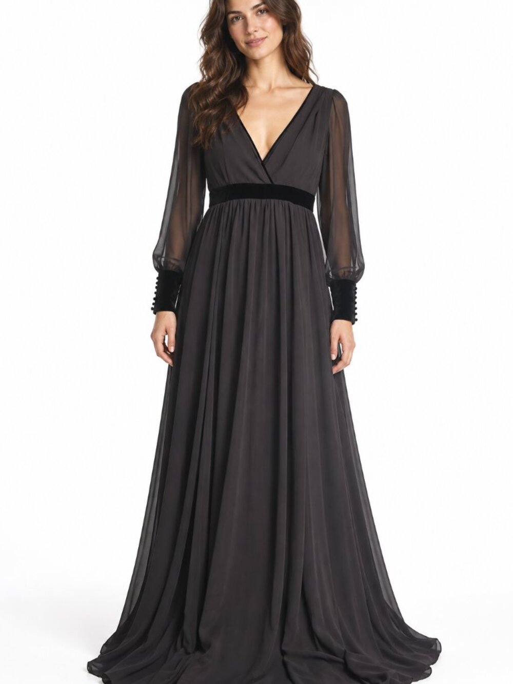 ZARA Black Chiffon Long Sleeve Maxi Dress Velvet Trim V-Neck Small